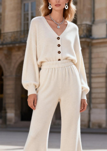 Simple V Neck Top and Pants Knit Sets 2 Pieces Spring