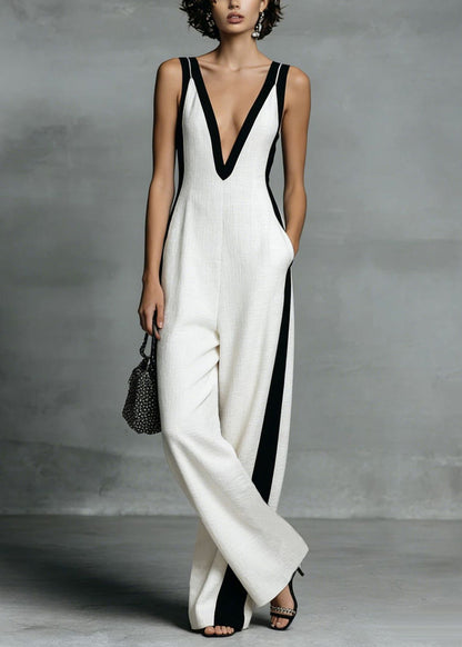 Simple White Deep-v Neck Striped Cotton Jumpsuits Summer