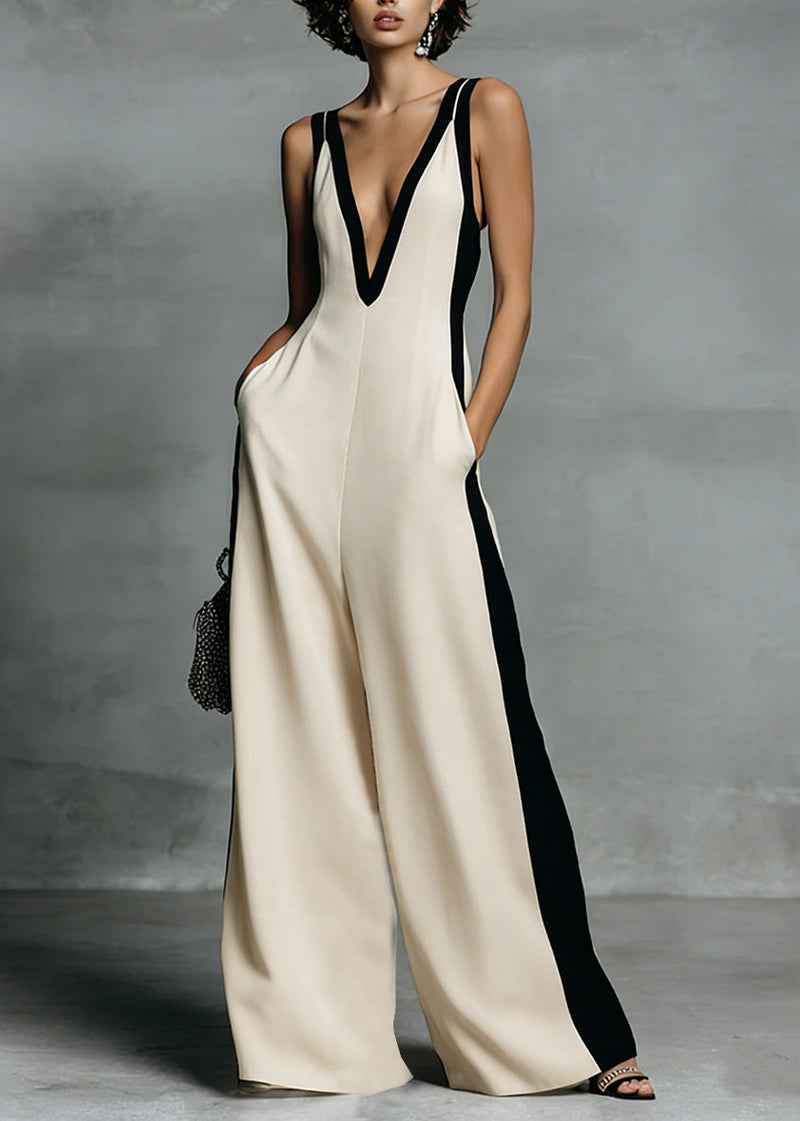 Simple White Deep-v Neck Striped Cotton Jumpsuits Summer