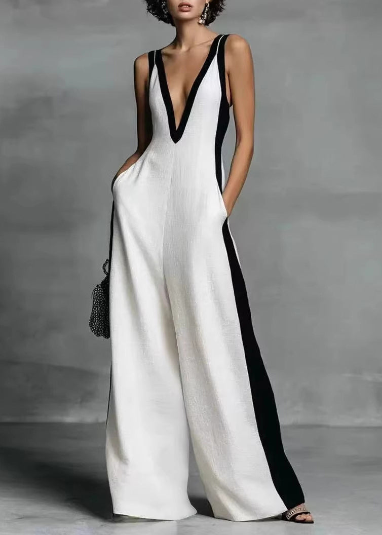 Simple White Deep-v Neck Striped Cotton Jumpsuits Summer
