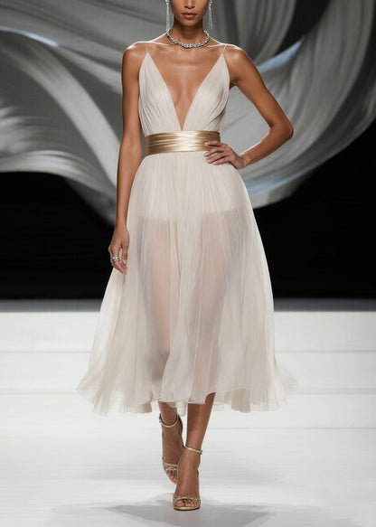 Simple White Deep-v Neck Tulle Tunic Beach Dress Summer
