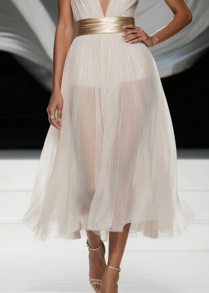 Simple White Deep-v Neck Tulle Tunic Beach Dress Summer