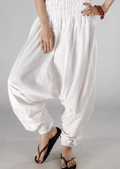 Simple White Elastic Waist Cotton Lantern Pants Summer