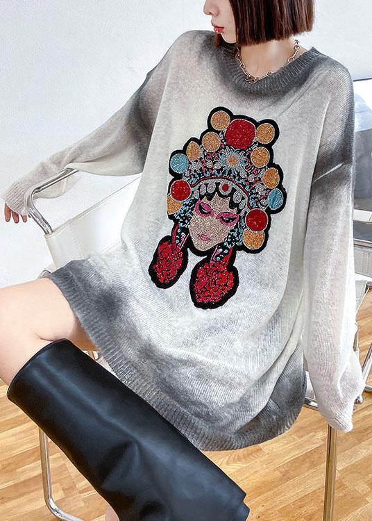 Simple White Loose O-neck Tie Dye Fall Long Knit Top