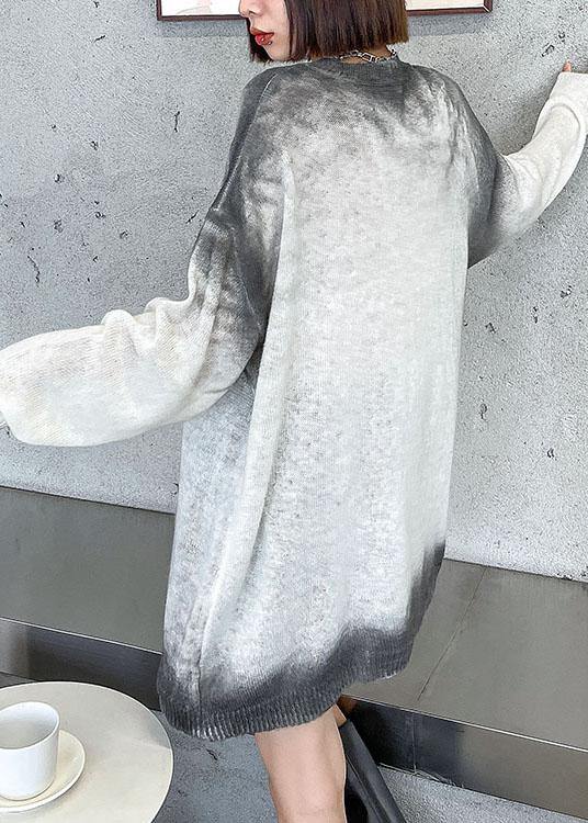 Simple White Loose O-neck Tie Dye Fall Long Knit Top