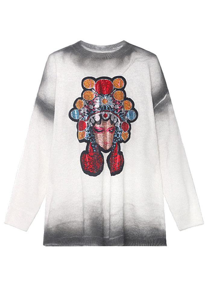 Simple White Loose O-neck Tie Dye Fall Long Knit Top