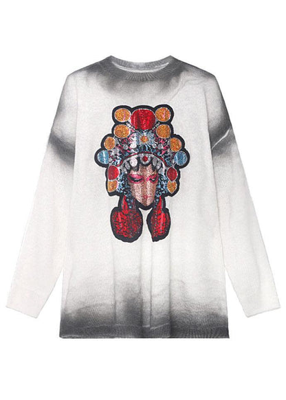 Simple White Loose O-neck Tie Dye Fall Long Knit Top