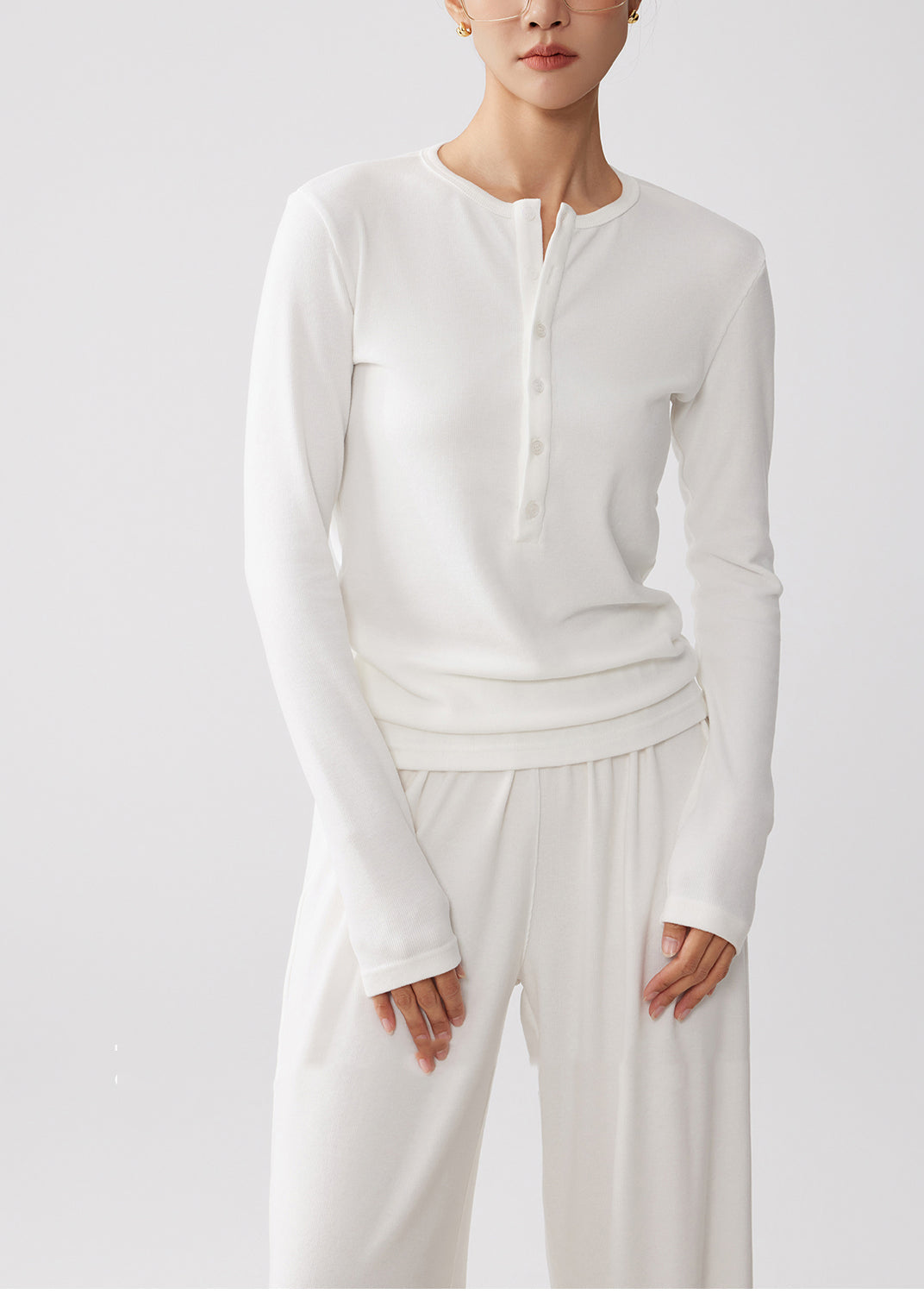 Simple White O-neck Button Down Cotton Two Piece Set Clothing Spring