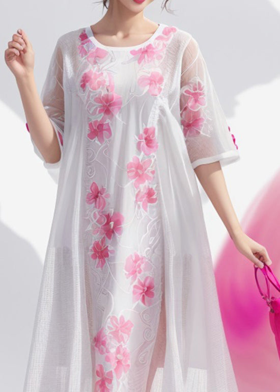 Simple White O Neck Print Silk Dress Summer
