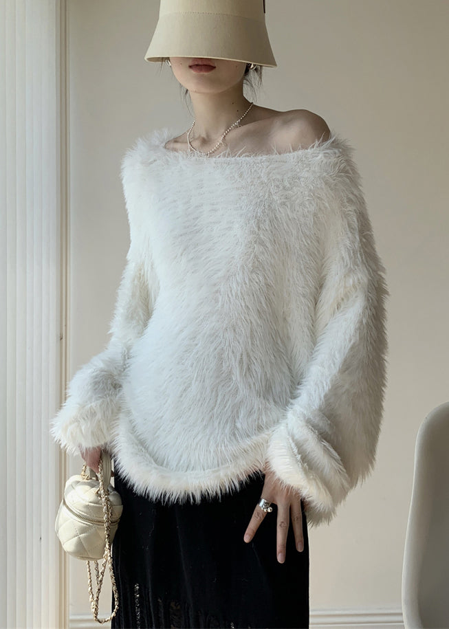 Simple White O-neck Mink Velvet Knit Sweater Spring