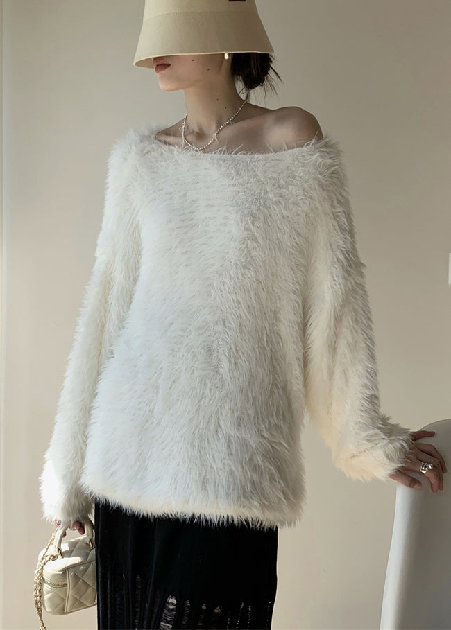 Simple White O-neck Mink Velvet Knit Sweater Spring