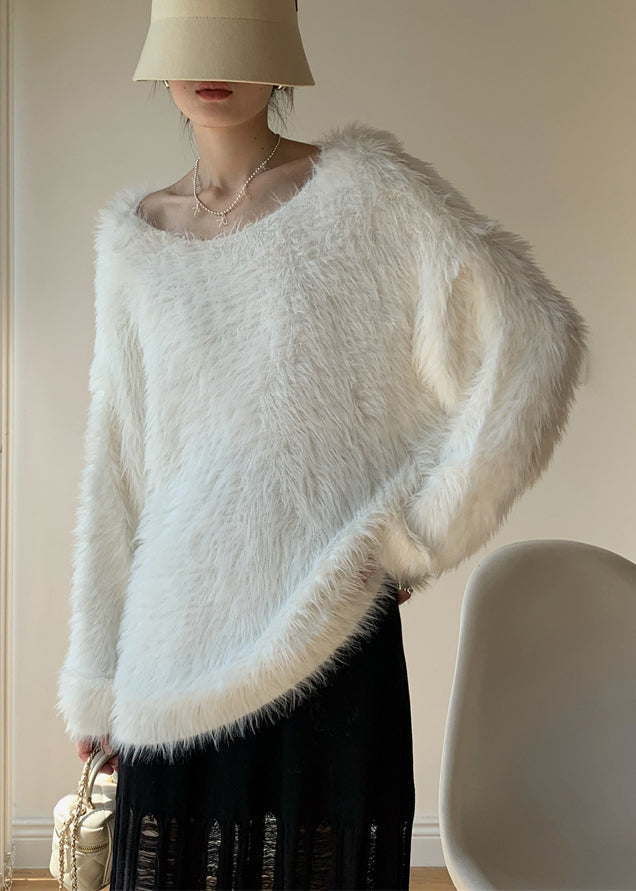Simple White O-neck Mink Velvet Knit Sweater Spring