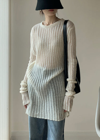 Simple White O-neck Thin Knit Sweater Dress Spring