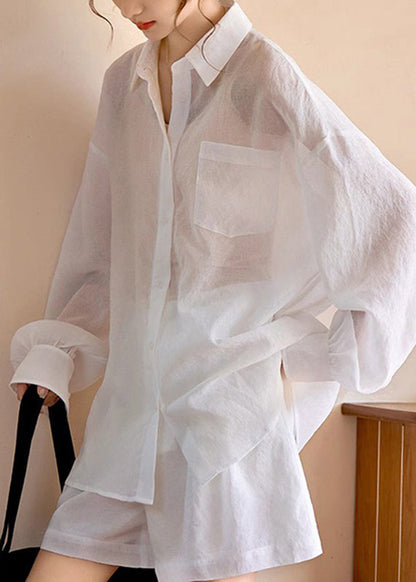 Simple White Pockets Shirts and Shorts Two Piece Suit Set Long Sleeve