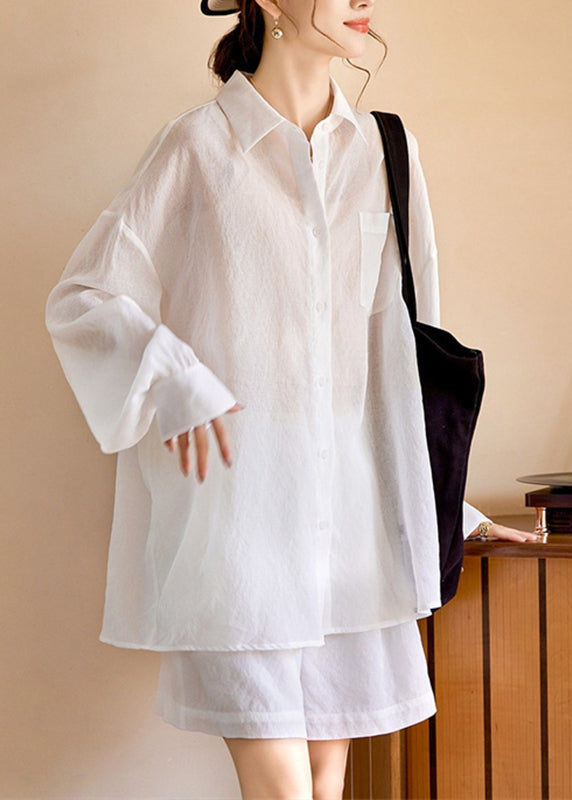 Simple White Pockets Shirts and Shorts Two Piece Suit Set Long Sleeve