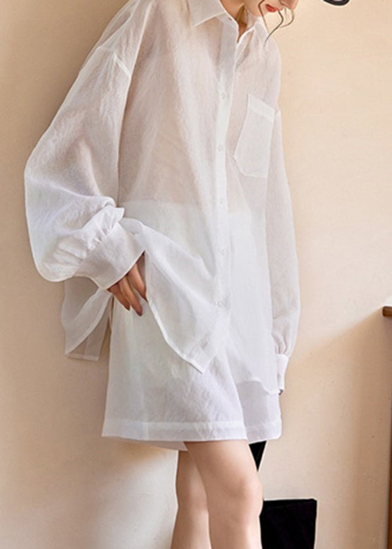 Simple White Pockets Shirts and Shorts Two Piece Suit Set Long Sleeve