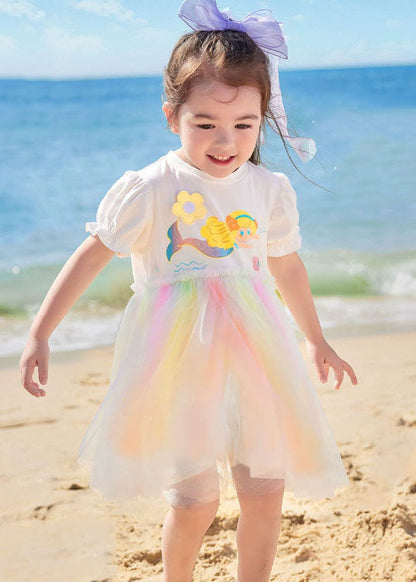 Simple White Ruffled Cartoon Print Patchwork Tulle Kids Dresses Summer