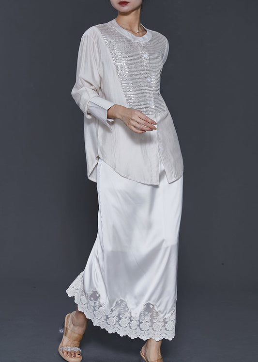 Simple White Sequins Patchwork Lace Silk Two Pieces Set Spring