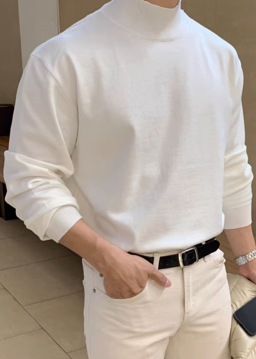 Simple White Knit Sweaters Turtleneck Winter