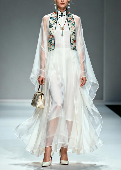 Simple White Stand Collar Patchwork Chiffon Two Piece Set Summer