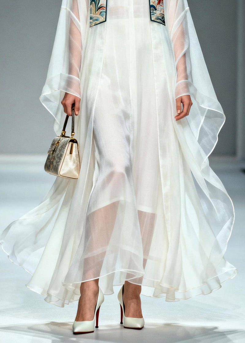 Simple White Stand Collar Patchwork Chiffon Two Piece Set Summer