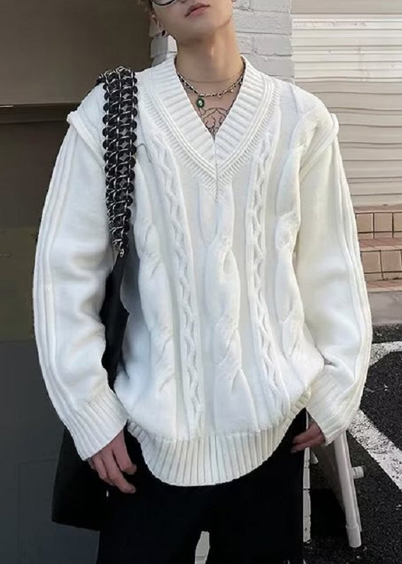 Simple White V Neck Knit Sweater Fall