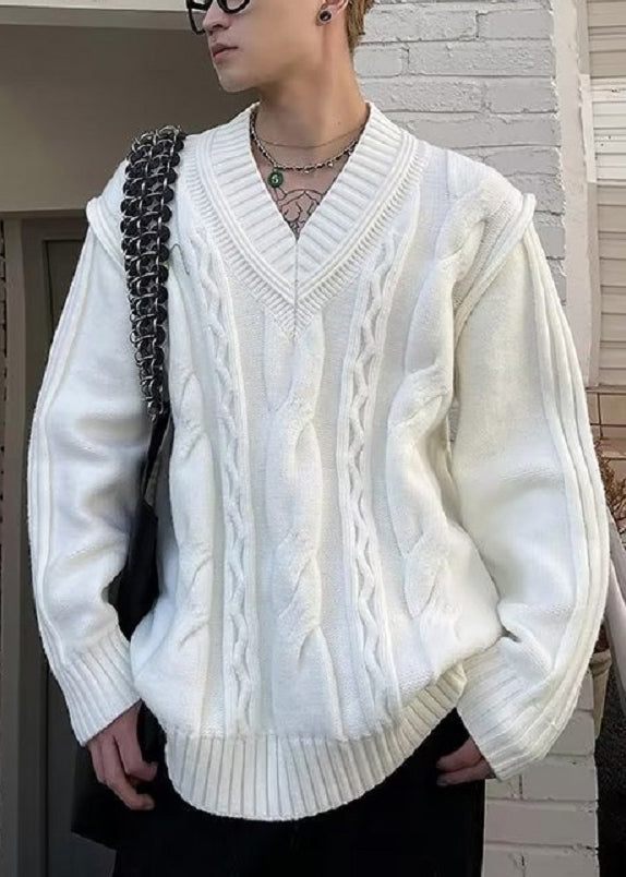 Simple White V Neck Knit Sweater Fall