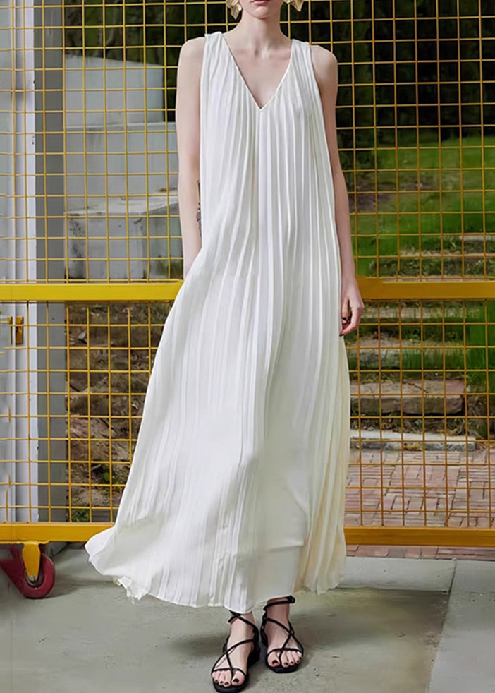 Simple White V Neck Wrinkled Chiffon Long Dress Sleeveless