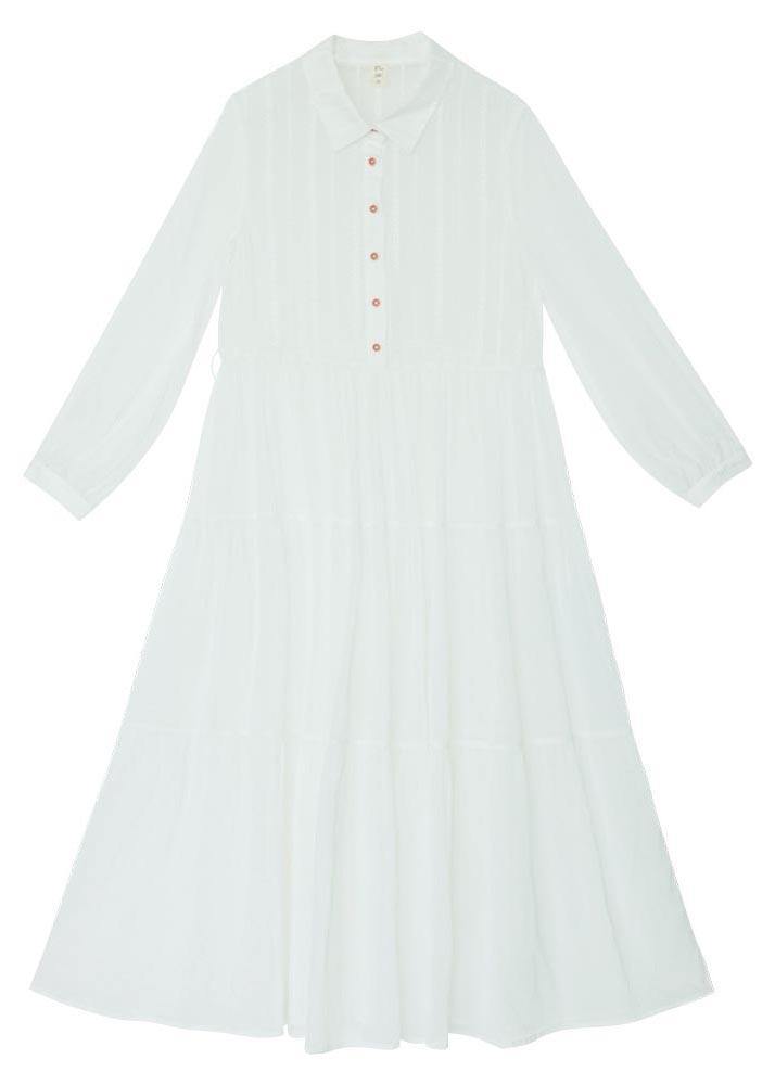 Simple White Tie Waist Long Sleeve Party Summer Chiffon Dress