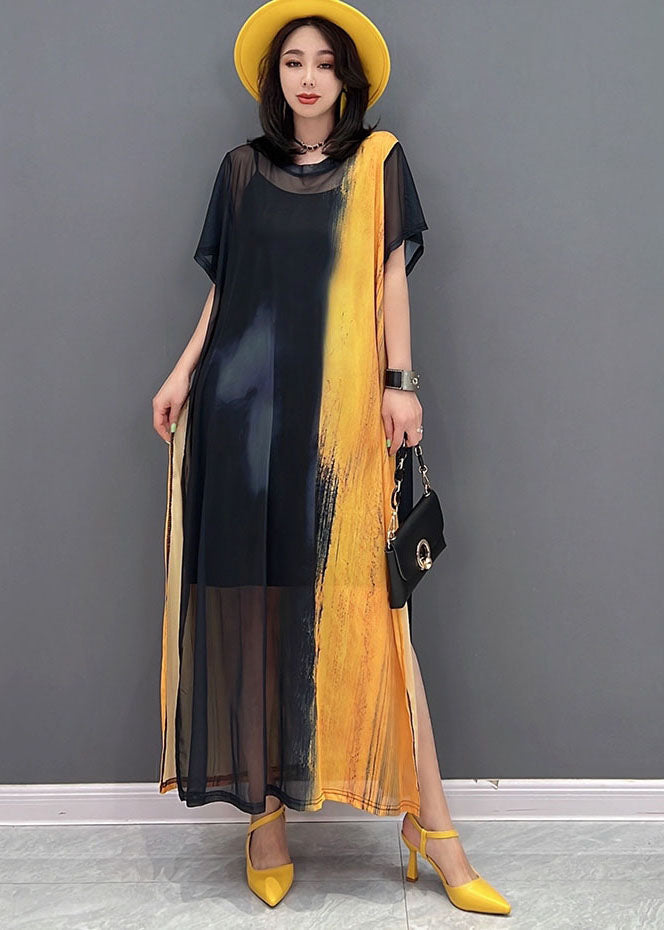 Simple Yellow Black O-neck Side Open Hollow Out Tulle Dress Long Smock Short Sleeve