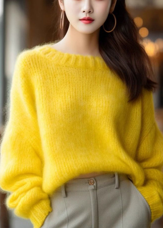 Simple Yellow O Neck Cotton Knit Sweater Long Sleeve