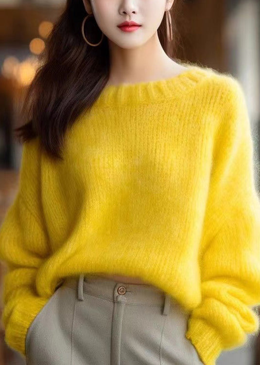 Simple Yellow O Neck Knit Sweater Spring