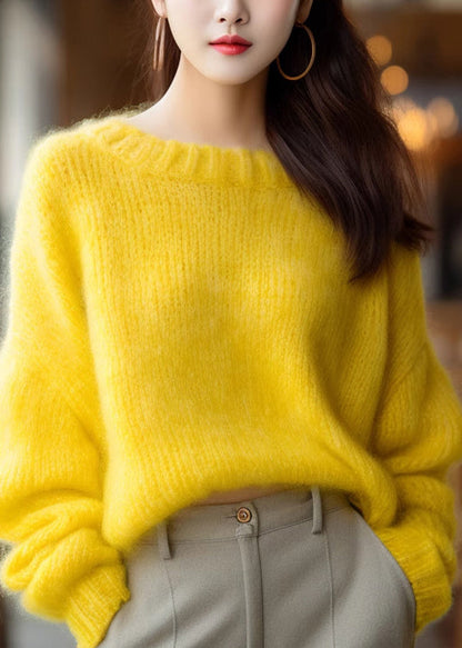 Simple Yellow O Neck Knit Sweater Spring