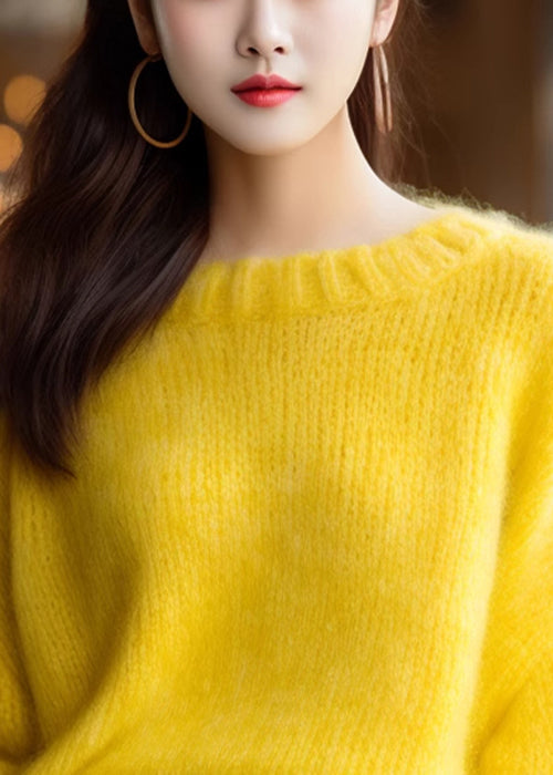 Simple Yellow O Neck Knit Sweater Spring