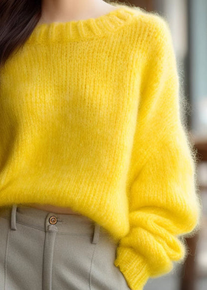 Simple Yellow O Neck Knit Sweater Spring