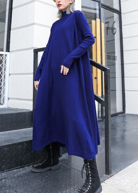 Simple Blue Sweater Dress Outfit Street Style High Neck Pockets Ugly Knit Dresses