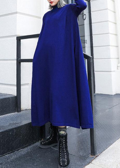 Simple Blue Sweater Dress Outfit Street Style High Neck Pockets Ugly Knit Dresses