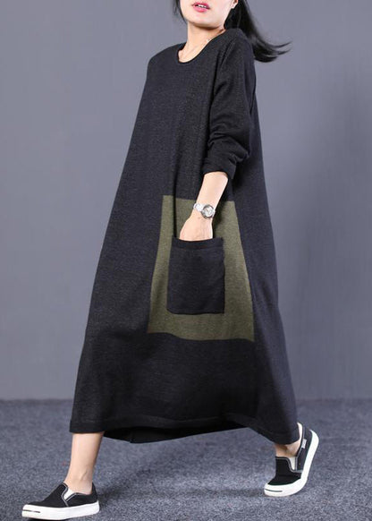 Simple Cotton Clothes Organic Loose Round Neck Long Knit Sweater Chocolate and Black Dress