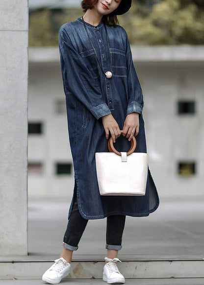 Simple Cotton Dress Fitted Blue Autumn Cotton Slit Denim Dress
