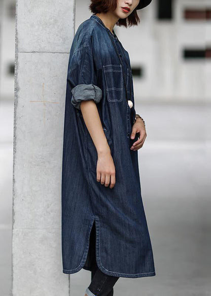 Simple Cotton Dress Fitted Blue Autumn Cotton Slit Denim Dress