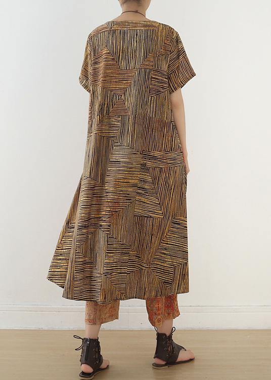 Simple Khaki Two Pieces Linen Long Shirts Elastic Waist Straight Pants