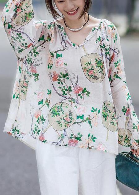 Simple Linen Box Top Print Cotton Linen V-neck Lantern Sleeve Blouse