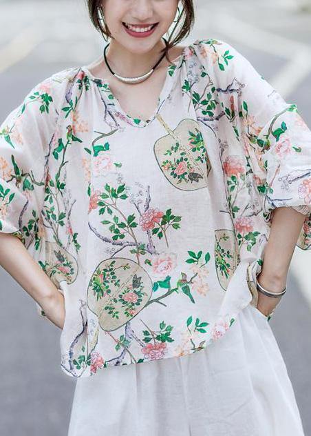 Simple Linen Box Top Print Cotton Linen V-neck Lantern Sleeve Blouse