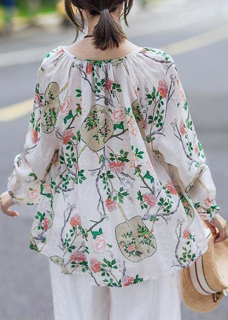 Simple Linen Box Top Print Cotton Linen V-neck Lantern Sleeve Blouse