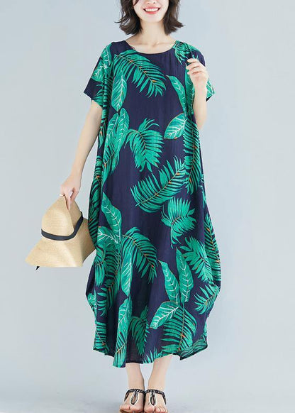 Simple O Neck Pockets Linen Cotton Quilting Clothes Runway Blue Print Dress Summer