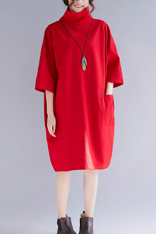 Simple Red Knit Clothes Metropolitan Museum Sleeve High Neck Half Sleeve Oversized Spring Dresses