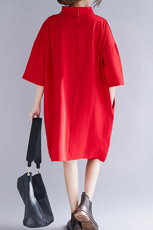 Simple Red Knit Clothes Metropolitan Museum Sleeve High Neck Half Sleeve Oversized Spring Dresses