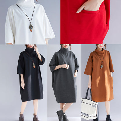 Simple Red Knit Clothes Metropolitan Museum Sleeve High Neck Half Sleeve Oversized Spring Dresses