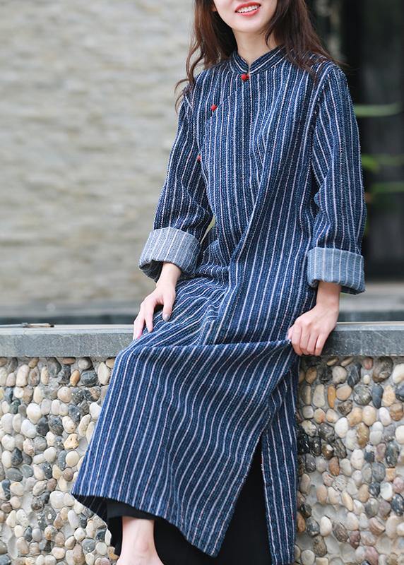 Simple Stand Collar Side Open Tunic Tutorials Denim Blue Striped a Line Dress