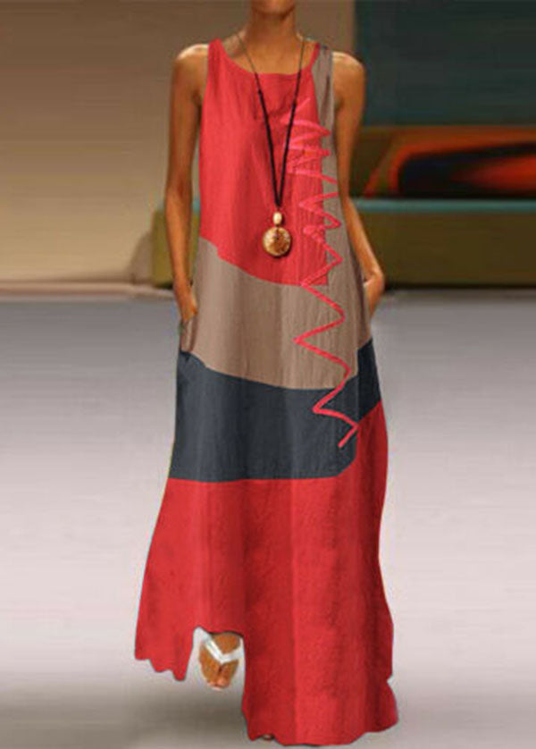 Sleeveless Patchwork O-neck Side Pocket Long Maxi Dress